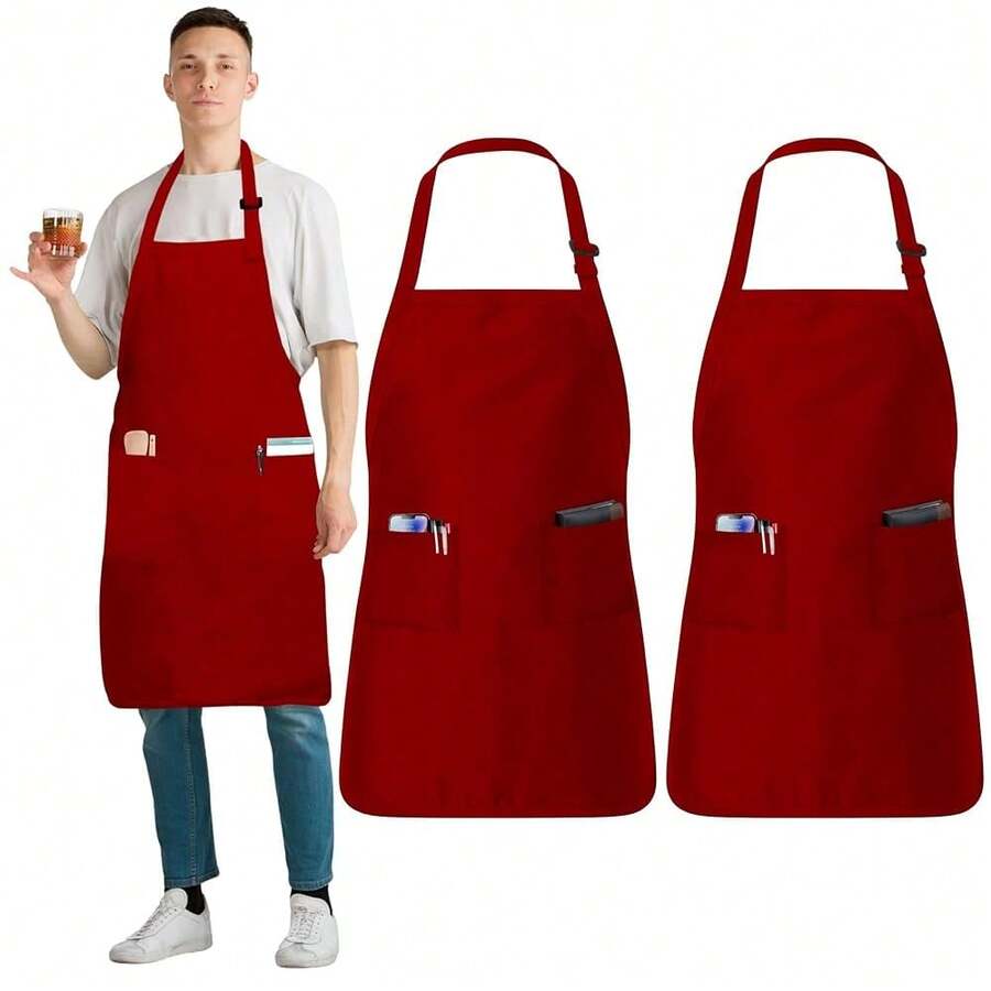 Adjustable Cotton Chef Aprons With 2 Pockets And Complimentary Bandana, Kitchen Apron For Women And Men,2Pack-Red - 2個裝-紅色 - 查看 1