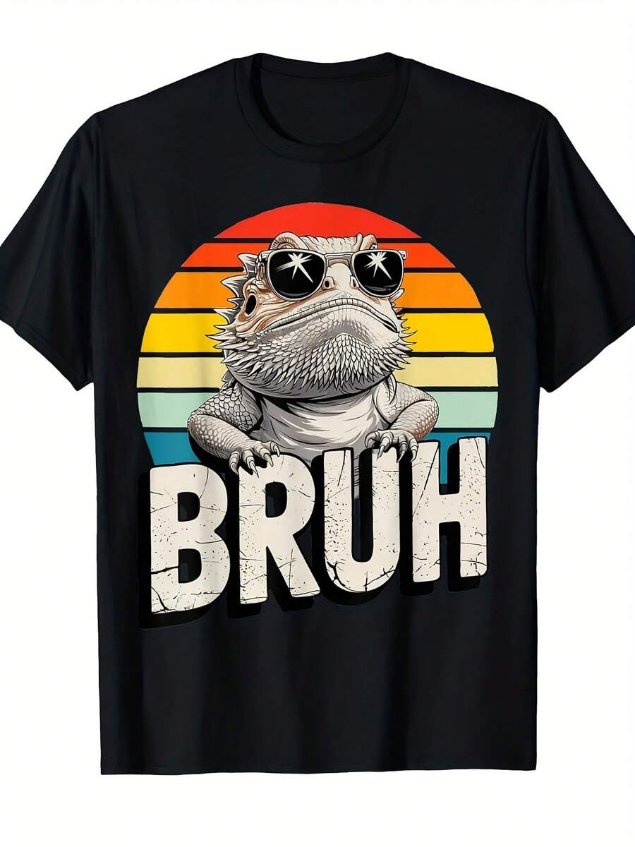 Casual Short-Sleeve T-Shirt Featuring A Humorous Graphic Of A Gaming Bearded Dragon, Perfect For Boys And Girls.Ideal For Everyday Wear And Sports, This Playful Tee Offers A Comfortable Fit. - 黑色 - 查看 1