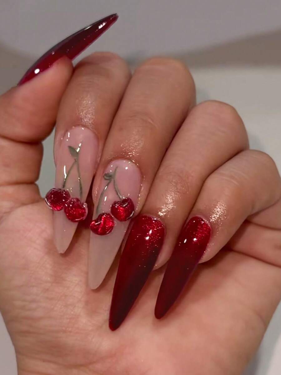 Bộ móng tay giả acrylic hình quả anh đào ngày Valentine 24 chiếc, kiểu mắt mèo, hologram, nhọn, màu đỏ Y2K, hiệu ứng 3D, trang trí hình quả anh đào 3D, phù hợp cho các tiệm làm móng, các cô gái tuổi teen và phụ nữ sử dụng hàng ngày/dự tiệc/phụ kiện làm móng để tặng quà. - Nhiều màu - Xem 1