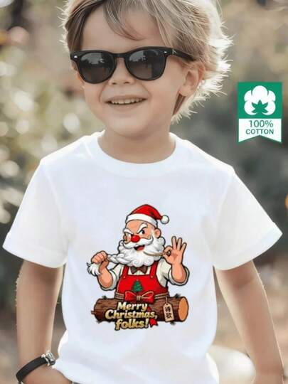 Camiseta infantil de 4 - 16,Esta nueva camiseta de manga corta para niño está hecha 100 % de algodón y luce un elegante estampado de Papá Noel y un chef, lo que la convierte en una opción versátil e informal. Su tejido suave y agradable al tacto cuida la delicada piel de los niños, permitiéndoles moverse con libertad y sentirse cómodos durante reuniones familiares, eventos escolares o juegos al aire libre.
