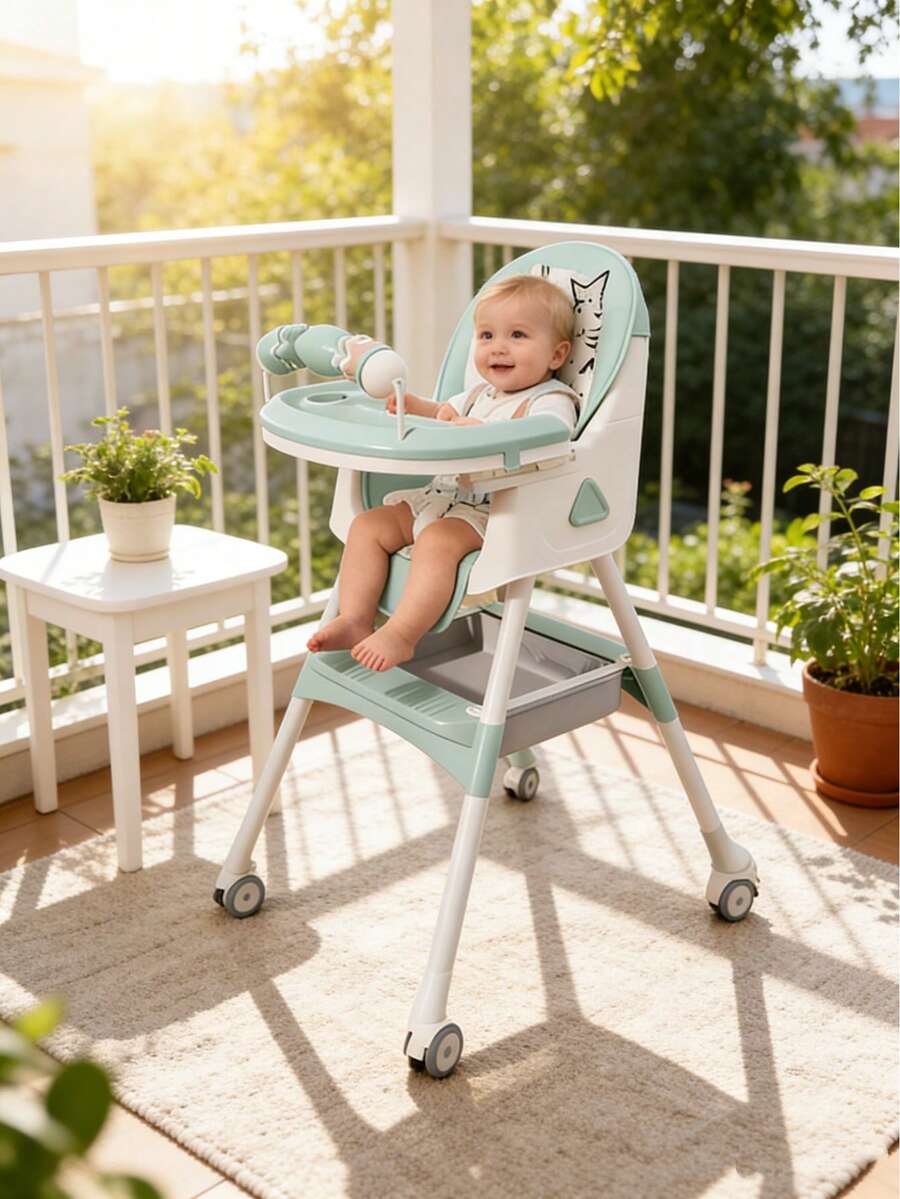 Lcchabls Foldable Baby Dining Chair 3-In-1 With Dual Trays, 5-Position Sliding Tray, Built-In Phone Holder, 2-Level Height Adjustment, Convertible Low Seat, Toy Bar, Easy-Clean Feeding Design With Lockable Wheels And Storage Rack