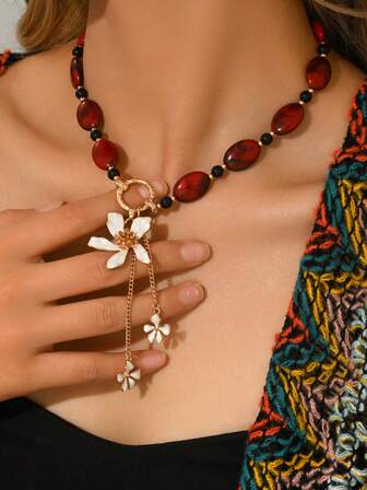 1pc Vintage Bohemian Asymmetrical Resin Block, Simulated Volcanic Stone Resin, Gold Heart Painted Pendant, DIY Beaded Jewelry, Includes Options: Antique Silver Flower, Silver Heart Painted, Burgundy Resin With CCB Beads, Heart Beaded Necklace, Bamboo Bead Sun Pendant, Flower Pendant Y-Necklace, Fashionable Beach Party Jewelry For Unique, Perfect, Sexy Ladies. Resin Size, Quantity, And Placement Are Randomly Produced As It Is Made From Multiple Molds Imitating Small Stones.