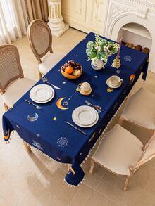 1件蓝色长方形桌布，饰有金色月亮、星星和灯笼图案，米色流苏装饰，可水洗，适用于餐桌、咖啡桌、小方桌，家居装饰，厨房，餐厅，派对，晚宴，阿拉伯风格节日装饰，礼品 - 藍色 - 查看 4