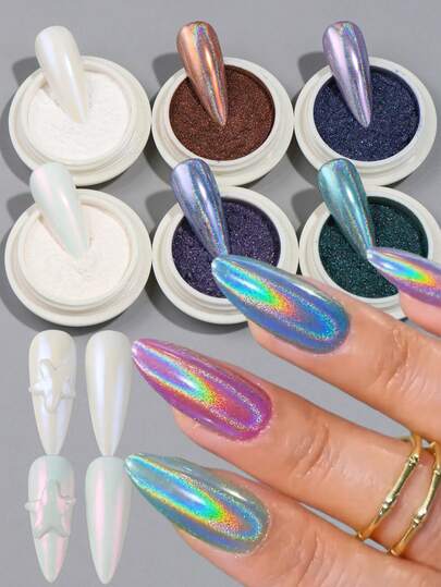 6色Y2K彩色激光美甲粉，闪亮极光仿珍珠效果美甲闪粉颜料粉，全息紫蓝金属镜面摩擦闪粉DIY美人鱼月光美甲用品婚礼美甲饰品装饰