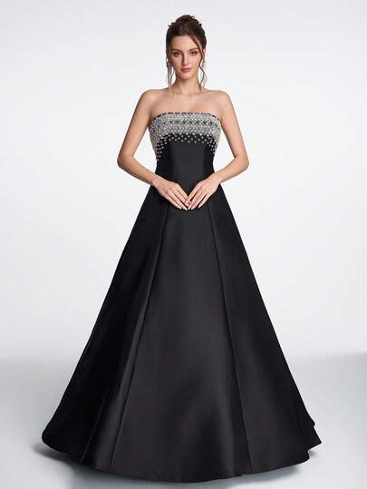 Anymoon Women's High Waist Long Evening Dress, Decorated With Pearl And Rhinestone On The Bust Party