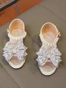 A Pair Of Girls' Cute Flat Shoes With Colorful Crystal Faux Pearls, Bow Ties, And Gretel Material, Suitable For Summer.,Kids Shoes,Girls Shoes - Silver - View 2