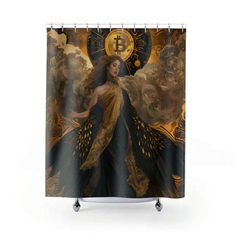 Bitcoin Inspired Goddess Shower Curtain, Black Gold Crypto Angel Bathroom Decor, Baroque Digital Currency Art For Crypto Lovers Printed USA - Nhiều màu - Xem 1