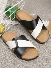 Holiday Season Kids Slippers Black White Cross Strap Comfortable Beach Slides - Black and White - View 2