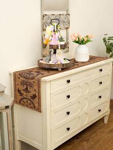 维京生命之树与渡鸦头盔桌旗 - 北欧神话设计，饰有十字架、箭矢和五角星图案，涤纶长方形桌布装饰，适合季节性厨房和家庭聚会装饰 - 彩色 - 查看 5