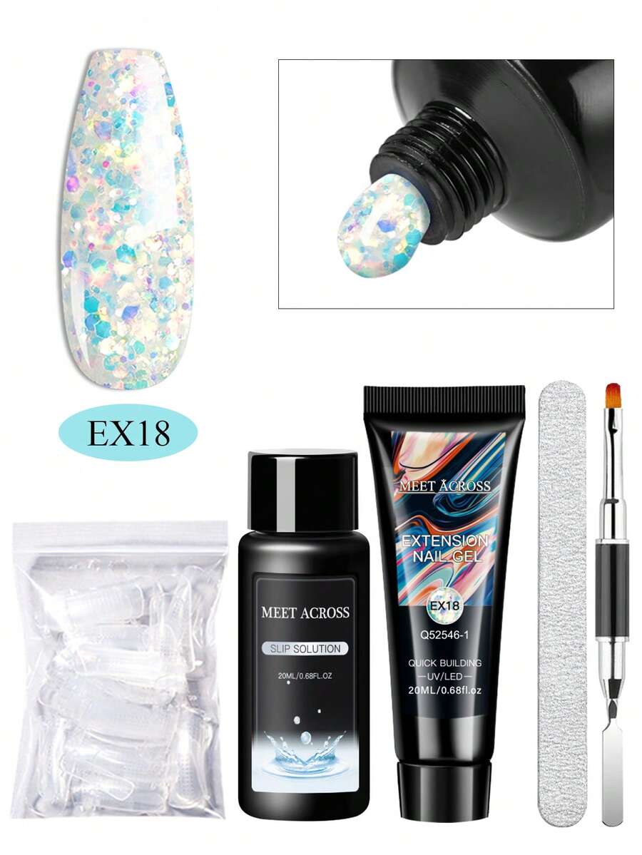 MEET ACROSS Bộ dụng cụ nối móng 5 món, gel nối móng poly nhiều màu sắc lấp lánh kèm dung dịch chống dính và hai khuôn, cọ vẽ móng, hoàn hảo cho người mới bắt đầu và làm móng tại nhà.