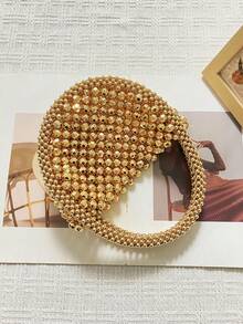 New Luxury High-Quality Exquisite Handmade Beaded Mini Woven Colorful Beads Bag, Multi-Color Beaded French Shiny Evening Party Handbag - Gold - View 3