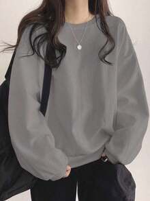 2026 Long Sleeve Tops WomenDAZY Solid Drop Shoulder Oversized Tee, Fall Clothes, Back To School Clothes SweatshirtLoose And Comfortablesudaderas Para Mujer Parke Sweatshirt - 淺灰色 - 查看 4