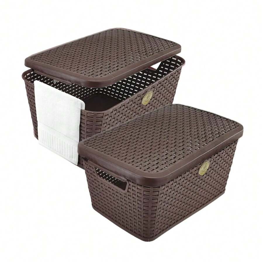 Pack 2 Canastas Con Tapa Estilo Rattan Multiusos - Marrón Chocolate - Ver 1