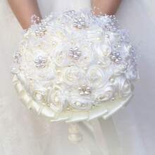 zxr Ramo de boda de marfil hecho a mano con cinta de perlas de diamantes de imitación ramo de flores de satén para novia dama de honor ramo de quinceañera boda marfil de 8.7 pulgadas125 - Marfil - Ver 5