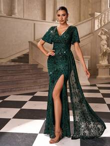 Robe longue moulante femme à col V, manches courtes, patchwork de sequins et fente haute