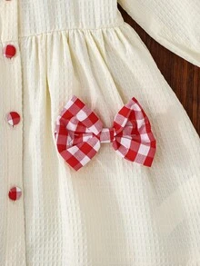 女婴红白格子蝴蝶结装饰连衣裙+发带，甜心领，休闲日常装 - 杏色 - 查看 6