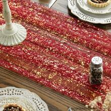 1/2pcs 27.56*118.11/196.85 Inch Red Sheer Chiffon Transparent Table Runner, Glitter Metallic Foil, Red Party Table Decor Center Piece, Suitable For Boho Romantic Table Runner, Fit For Birthday, Bridal Shower Decor, Party, Dining Table Decoration (Multi-Color Available)