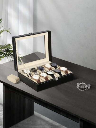 1pc/Set Handmade PU Leather Premium Watch Storage Box, 10-Slot Watch Box With Large Glass Cover, Watch Jewelry Display Case, Unisex Watch Box [Black]