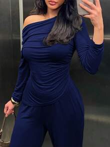 女士两件套，纯色露脐不规则下摆长袖上衣搭配休闲喇叭裤，适合日常休闲穿着、复活节、音乐节、海滩度假等场合。 - 藏蓝色 - 查看 11