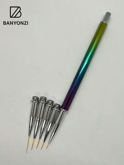 Juego de pinceles para decoración de uñas, delineador de tinta, mango iridiscente, 5 tamaños, reemplazables, para dibujar, dibujar flores y delinear.