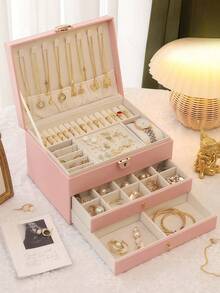 1pc 3-Tier Jewelry Storage Box, Watch Organizer, Earring Holder, Necklace Display, Bracelet Tray, Ring Case, Large Capacity 3-Layer Jewelry Box With Lock, Space-Saving Earring & Accessory Storage Box