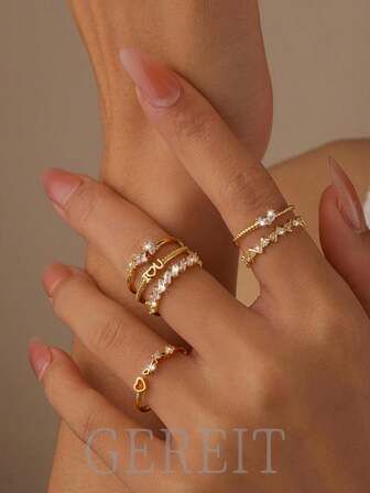 GEREIT 6pcs Elegant Gold-Tone Copper Micro-Inlaid Zirconia Heart & Letter "LOVE" Ring Set, Suitable For Men & Women, Daily Wear & Gift