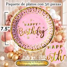 50 Pz Plato Cartón Premium Pastelero Happy Birthday Hb Rojo Confeti Oro - Hb Rosa Confeti Oro - Ver 3