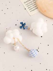 1 Pair Cute Girl Style Asymmetric Earrings With Star, Bow, Plush Cloud Designs, Accessories For Autumn/Winter - one-size - View 2