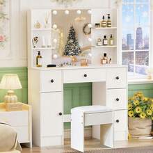 Dressing Table Vanity Set Makeup 10 LEDs Mirror Jewellery Organizer - White - View 2