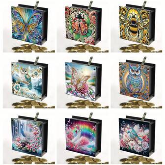 1pc/9pcs 5D DIY Diamond Painting Kit - Flower, Butterfly, Ladybug, Owl, Peacock, Swan Double-Sided Patterns Unique Square Piggy Bank Large Capacity, Home Cabinet Desktop Storage Box, Home Decor Display Cabinet Coin Bank, Suitable For Birthday, Graduation, New Year, Valentine's Day Gifts, Reusable Savings Jar