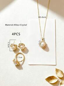 4 件不锈钢首饰套装包括项链、耳环、戒指、复古优雅人造珍珠项链装饰与水钻玫瑰花瓣，适合女性日常/派对佩戴、母亲节和情人节礼物情人节、妈妈、母亲、母亲节、礼物