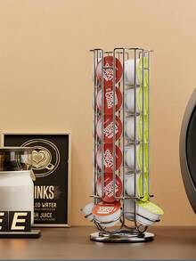 Ein drehbarer, rutschfester Ständer zur Aufbewahrung von Kaffeekapseln und Zubehör. Dieser praktische Kapselorganizer im Turmdesign ist um 360 Grad drehbar und bietet Platz für bis zu 24 Kapseln. Eine stilvolle Aufbewahrungslösung. - Silber - Übersicht 3