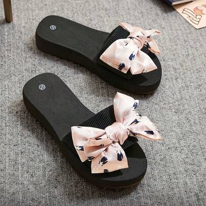 Women's Solid Color Elegant Sandals, Slip On Bowknot Decor Lightweight Beach Slides, Non-Slip Vacation Slides In Holiday