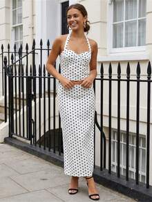 Women Long Skirt Outfit Dot Print Halter Neck Tank Tops And Low Rise Fishtail Skirt 2 Piece Set - White - View 3