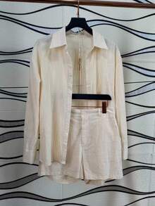 Linen Shirt And Shorts Set (2 Pieces) - Màu be - Xem 1
