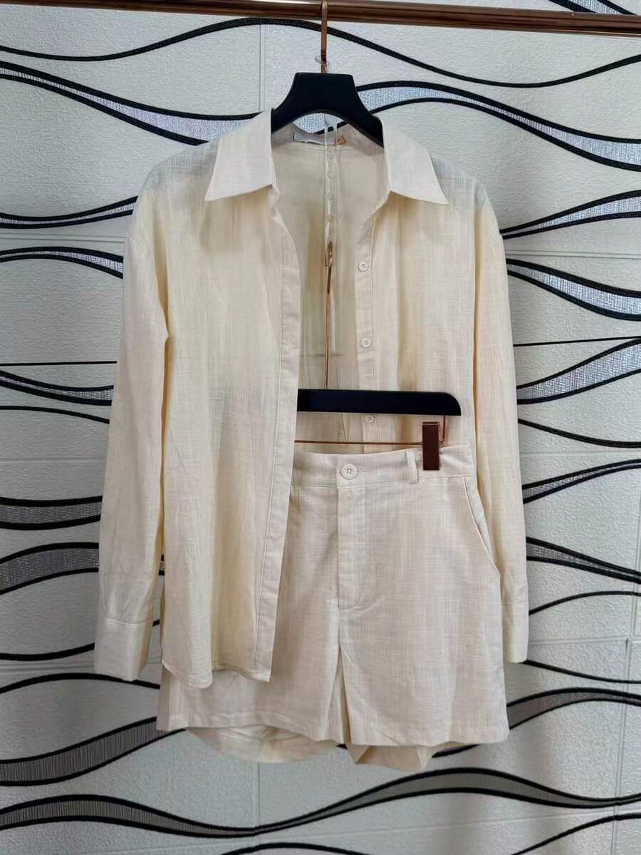 Linen Shirt And Shorts Set (2 Pieces) - Màu be - Xem 1