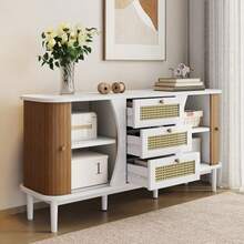 Sideboard, Rattan Chest Of Drawers, Chest Of Drawers With Sliding Doors, Adjustable Shelves, Curved Top - White - View 4