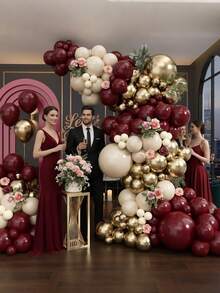 158件套酒红色气球拱门套装，包含各种尺寸的金色金属气球和酒红色珍珠乳胶气球，适用于毕业典礼、结婚纪念日、生日派对、迎婴派对、情人节派对装饰。 - 彩色 - 查看 3