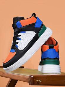 Men's High-Top Skate Shoes, Black Multi-Color Sneakers With Orange Blue Green Accents, Thick Sole Breathable Athletic Shoes For Streetwear, Comfortable Urban Style Gift For Him - 黑藍 - 查看 2