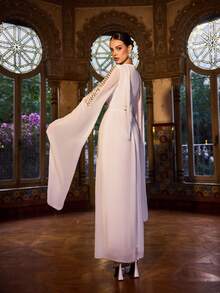 Faeriesty Áo Abaya Ả Rập thanh lịch cổ chữ V sâu, đính cườm và tay áo xẻ tà, thích hợp cho các buổi dạ hội, đám cưới, lễ hội, tiệc chiêu đãi và các dịp đặc biệt. Màu trắng. - trắng - Xem 6
