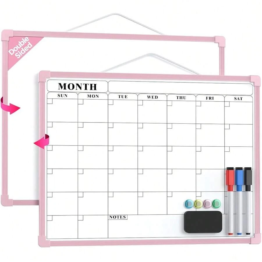 MaxGear Monthly Calendar Dry Erase Board For Wall, 16\X12\ Small Hanging Double-Sided White Board, Portable Whiteboard For Planning, Drawing, Memo, To Do List, Schoolsss, Home, Office, Pink Frame,Pink - 粉紅色的 - 查看 1