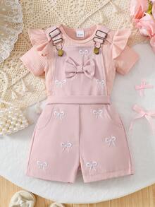 2件套女婴休闲时尚日常甜美可爱粉色针织竖条纹圆领荷叶袖连体衣和粉色编织蝴蝶结刺绣口袋背带短裤套装，夏季 - 粉色 - 查看 3