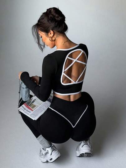 Women's Casual Sports Contrast Color Tank Top And Leggings Set, Navy Blue Activewear Set, Fitness Outfit, Women's Suit, Backless Two Pieces, Yoga Set, Workout Pants Set, Sexy Sports Suit, Sports Top