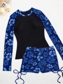 2pcs/Set New Arrival Bestselling Long Sleeve Rash Guard & Swim Trunks - Multicolor - View 3