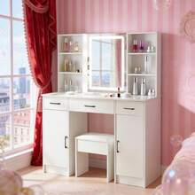 Makeup Desk Large Dressing Table LED Mirror 3 Drawers 2 Cabinets & Stool Vanity - White - View 5
