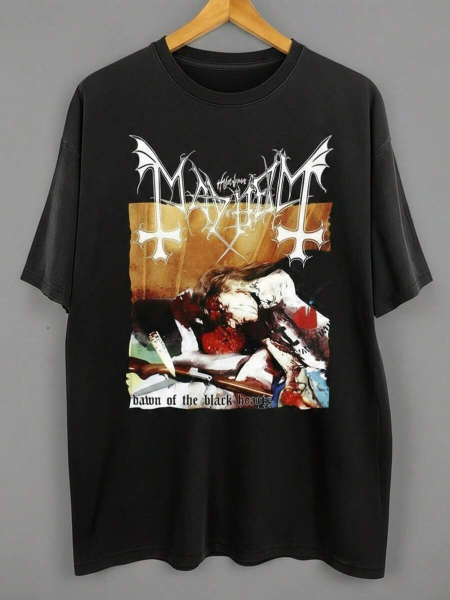 Basic Unisex T-Shirt, Mayhem Black Metal Band, Black Color, Streetwear, 100% Cotton, Underground Band Print - 黑色 - 查看 1