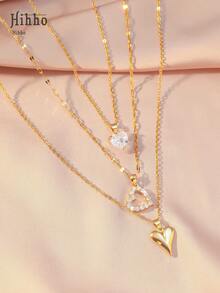 Hihho 3 件套优雅时尚百搭锆石水晶镶嵌蝴蝶、心形、花朵组合吊坠项链套装，适合女士日常佩戴、节日聚会、礼物 - 金黃色 - 查看 3