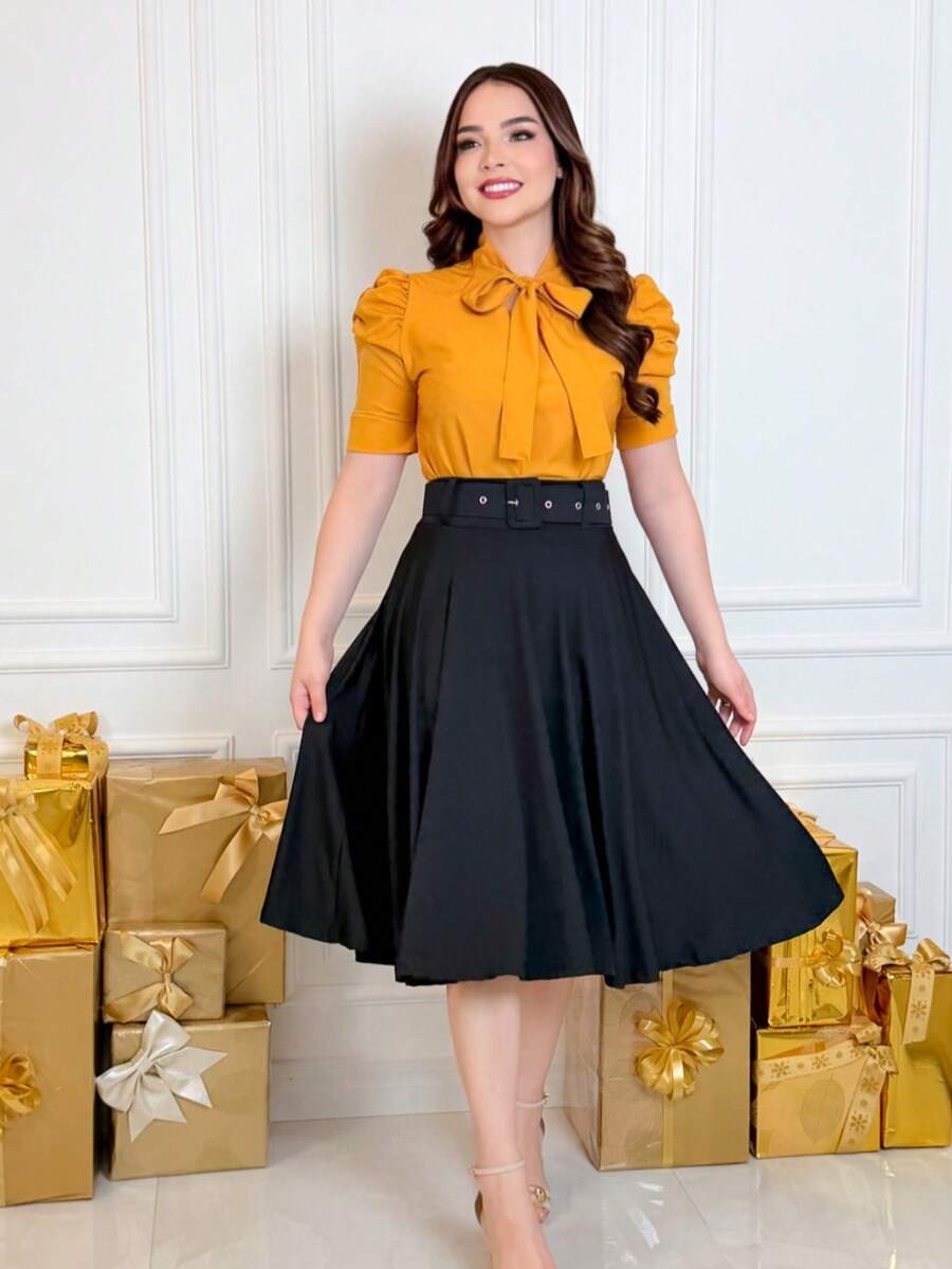 SAIA MIDI GODÊ COM CINTO MODA FEMININA EVANGÉLICA
