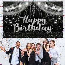 1pc Black & Silver Happy Birthday Banner, Made Of Polyester, Birthday Photography Backdrop, Silver Glitter Birthday Party Decorative Banner, Photography Studio Props, Photography Background Foot Decor Props, Party Photography Backdrop, Indoor & Outdoor Decor