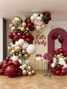 158件套酒红色气球拱门套装，包含各种尺寸的金色金属气球和酒红色珍珠乳胶气球，适用于毕业典礼、结婚纪念日、生日派对、迎婴派对、情人节派对装饰。 - 彩色 - 查看 8